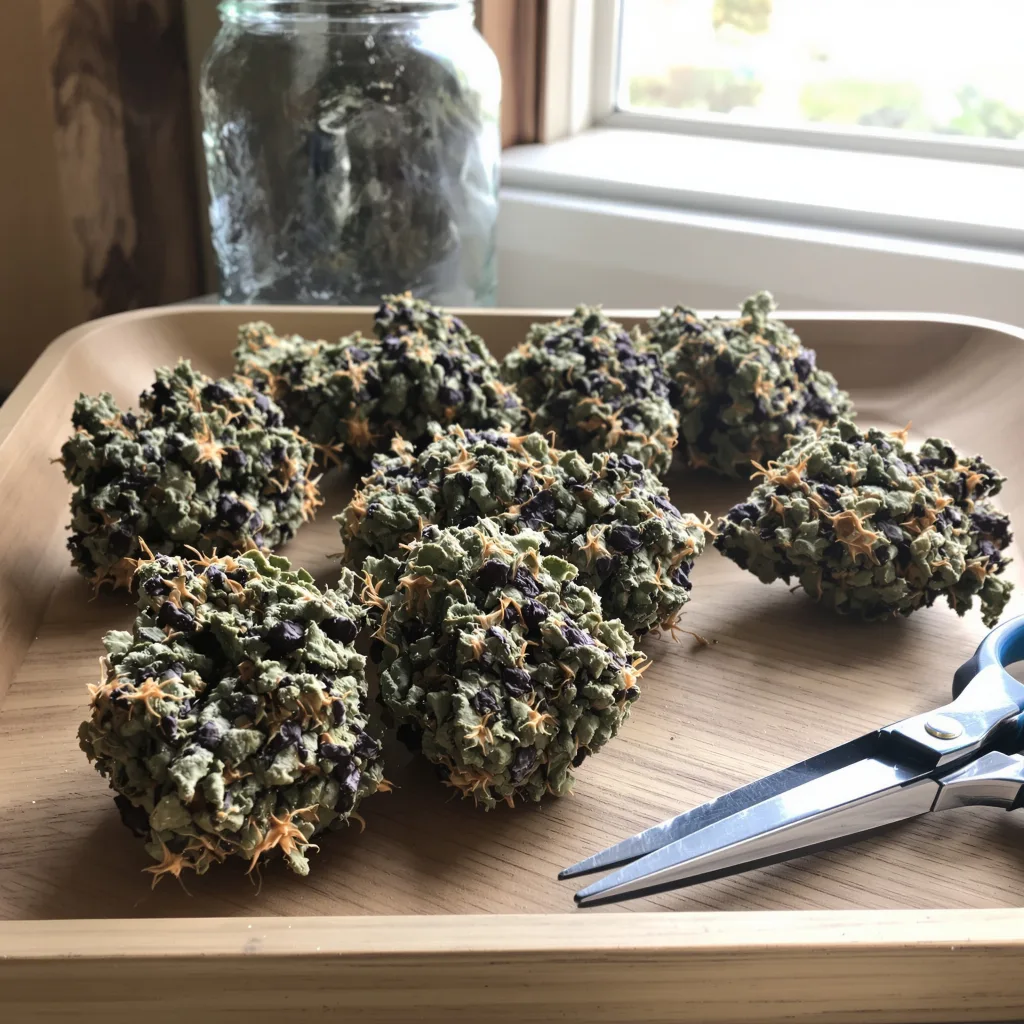 Grandmommy Purple 76% indica / 24% sativa — flor con tricomas visibles