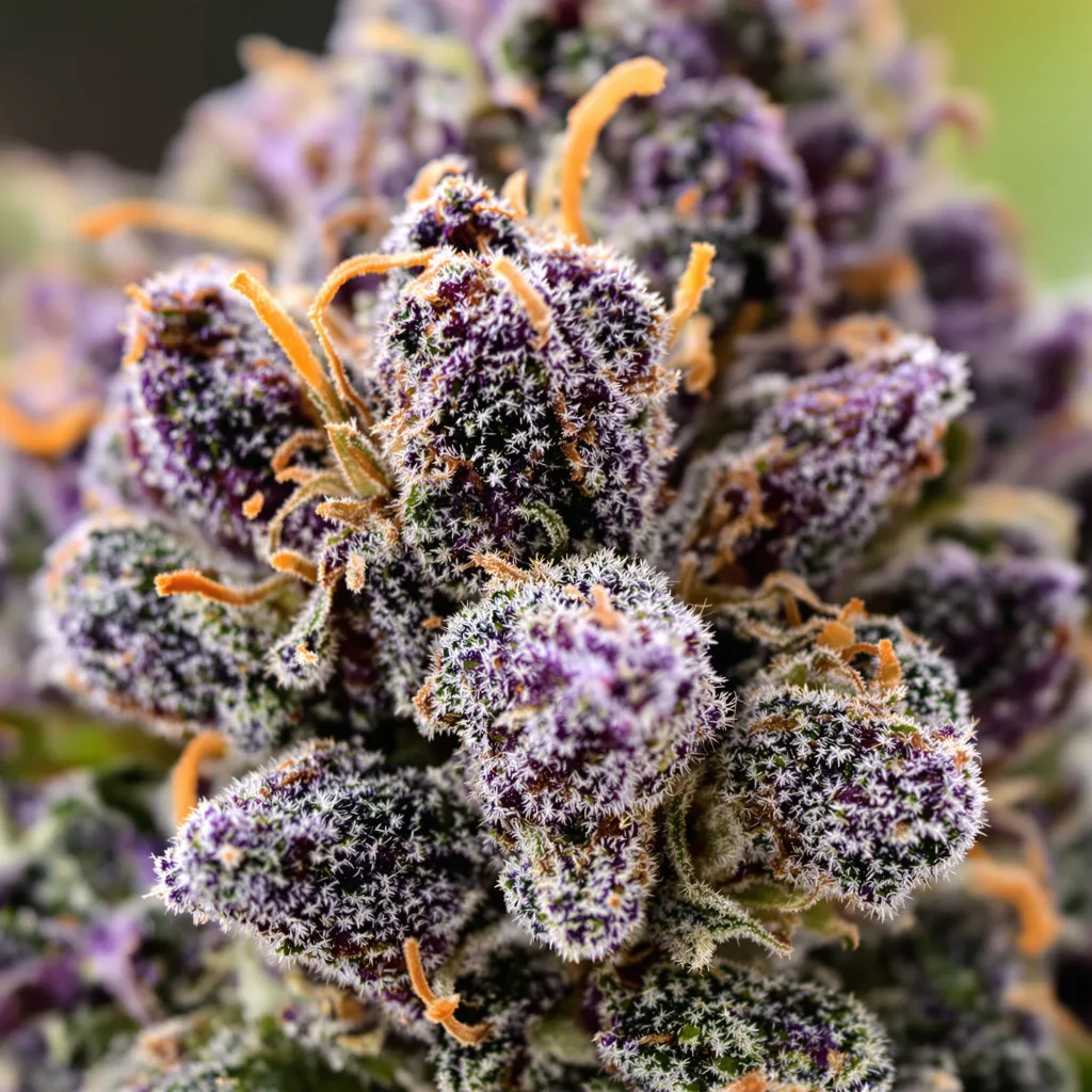 Primer plano de cogollo de cannabis Grandmommy Purple mostrando cálices densos con tonos morados