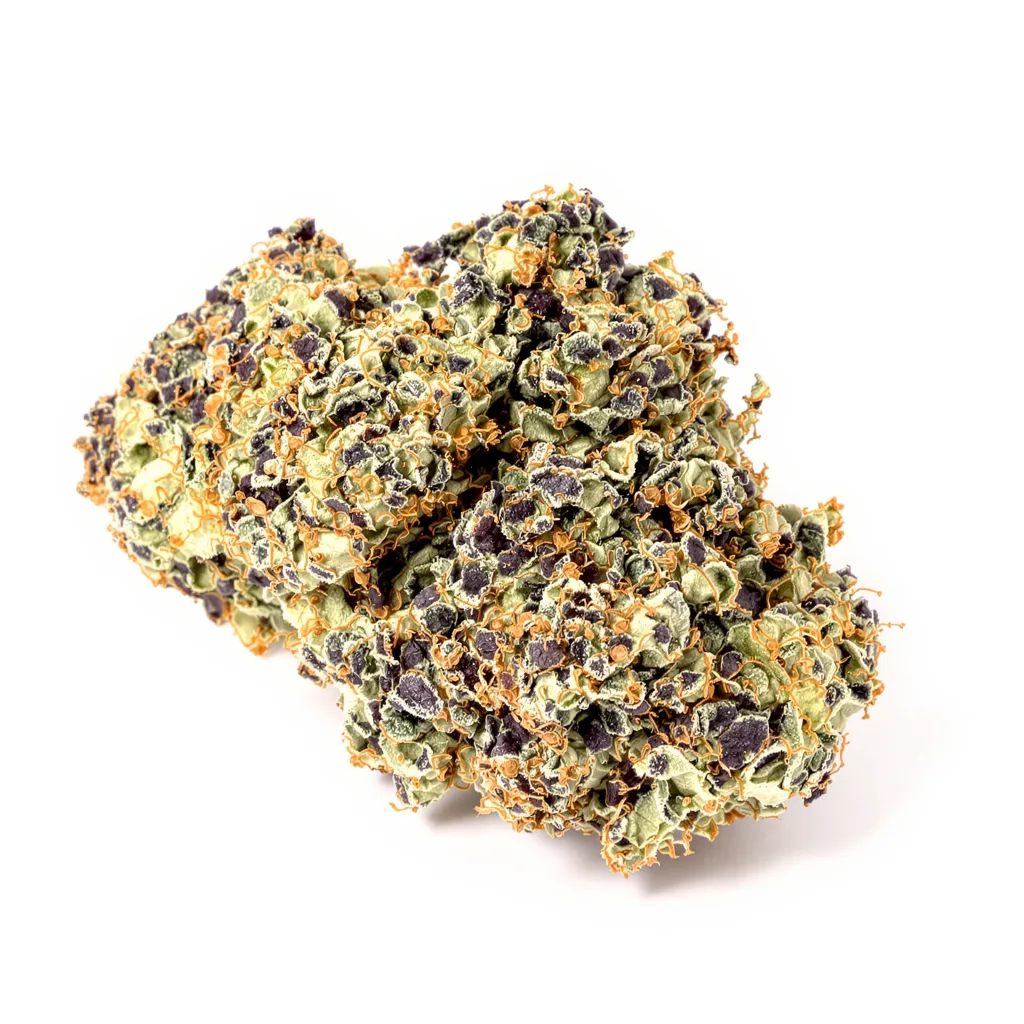 Grandmommy Purple 76% indica / 24% sativa — flor con tricomas visibles