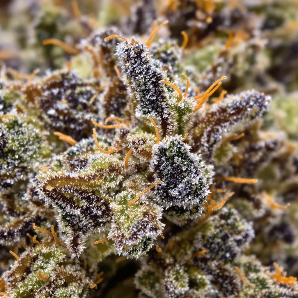 Primer plano de cogollo de cannabis Grandpa Larry OG mostrando cálices densos con tonos morados