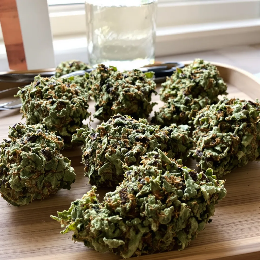 Grape Ape 68% indica / 32% sativa — flor con tricomas visibles