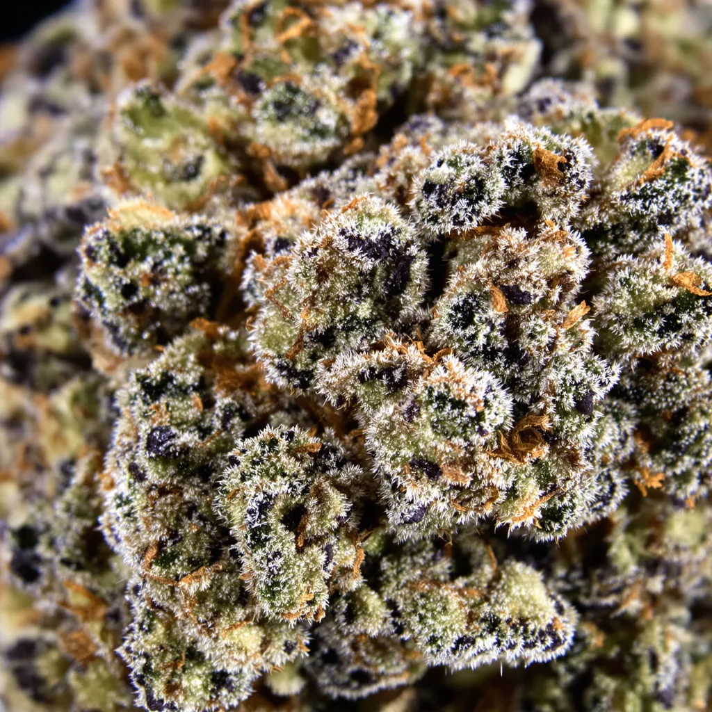 Primer plano de cogollo de cannabis Grape Ape mostrando cálices densos con tonos morados