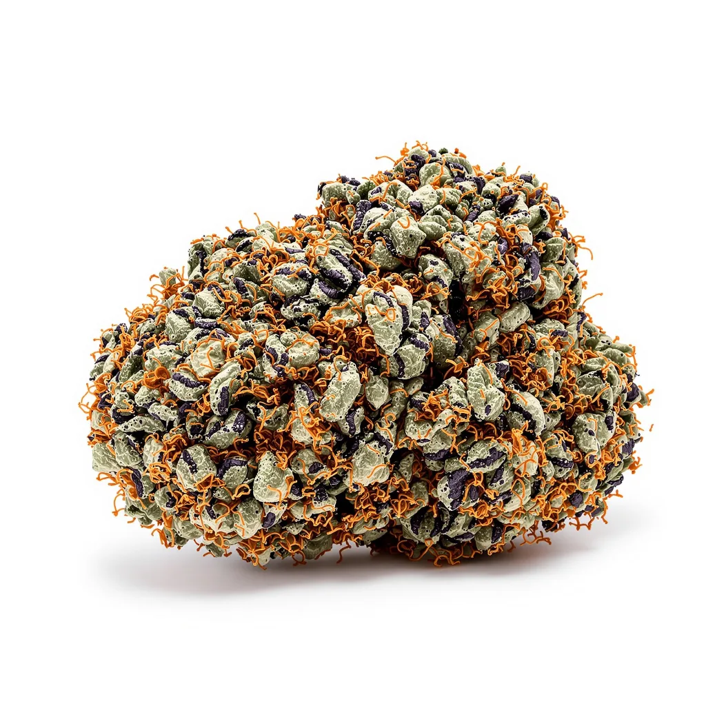 Grape Ape 68% indica / 32% sativa — flor con tricomas visibles