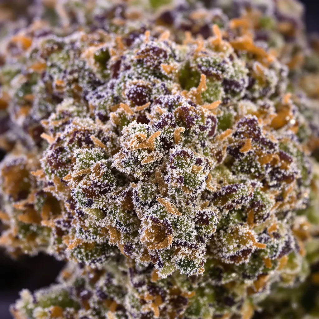 Primer plano de cogollo de cannabis Grape Cookies mostrando cálices densos con tonos morados