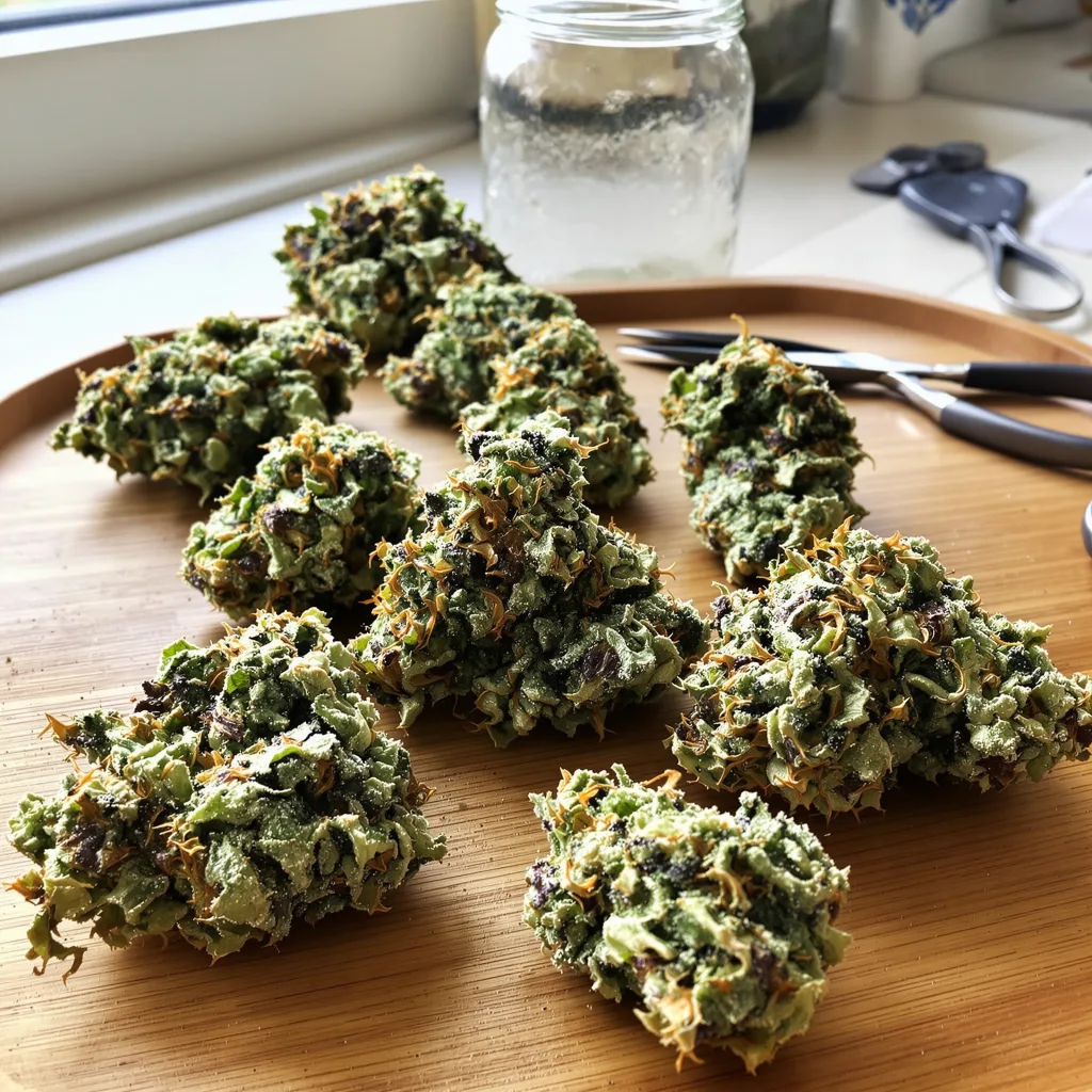 Grape Gelato 57% indica / 43% sativa — flor con tricomas visibles