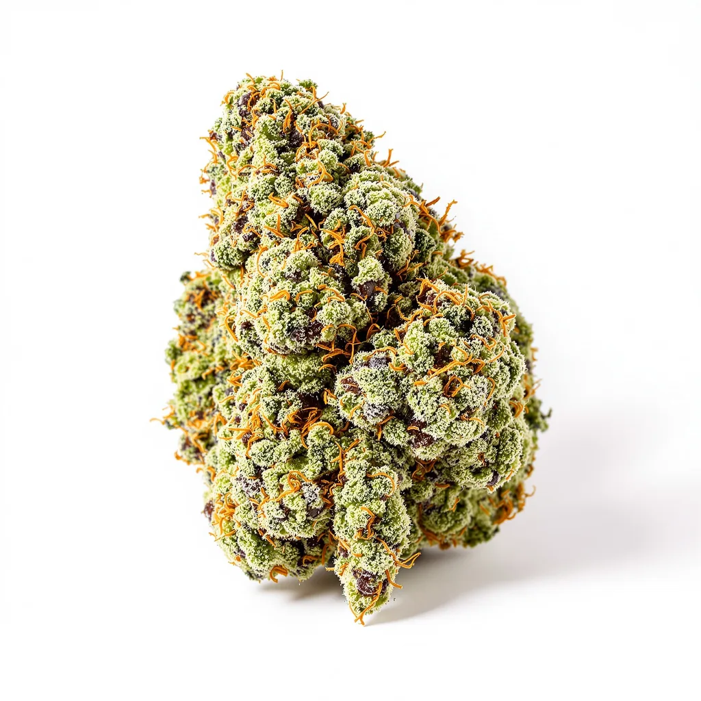 Grape Gelato 57% indica / 43% sativa — flor con tricomas visibles