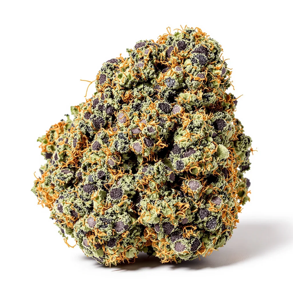 Grape God 70% indica / 30% sativa — flor con tricomas visibles