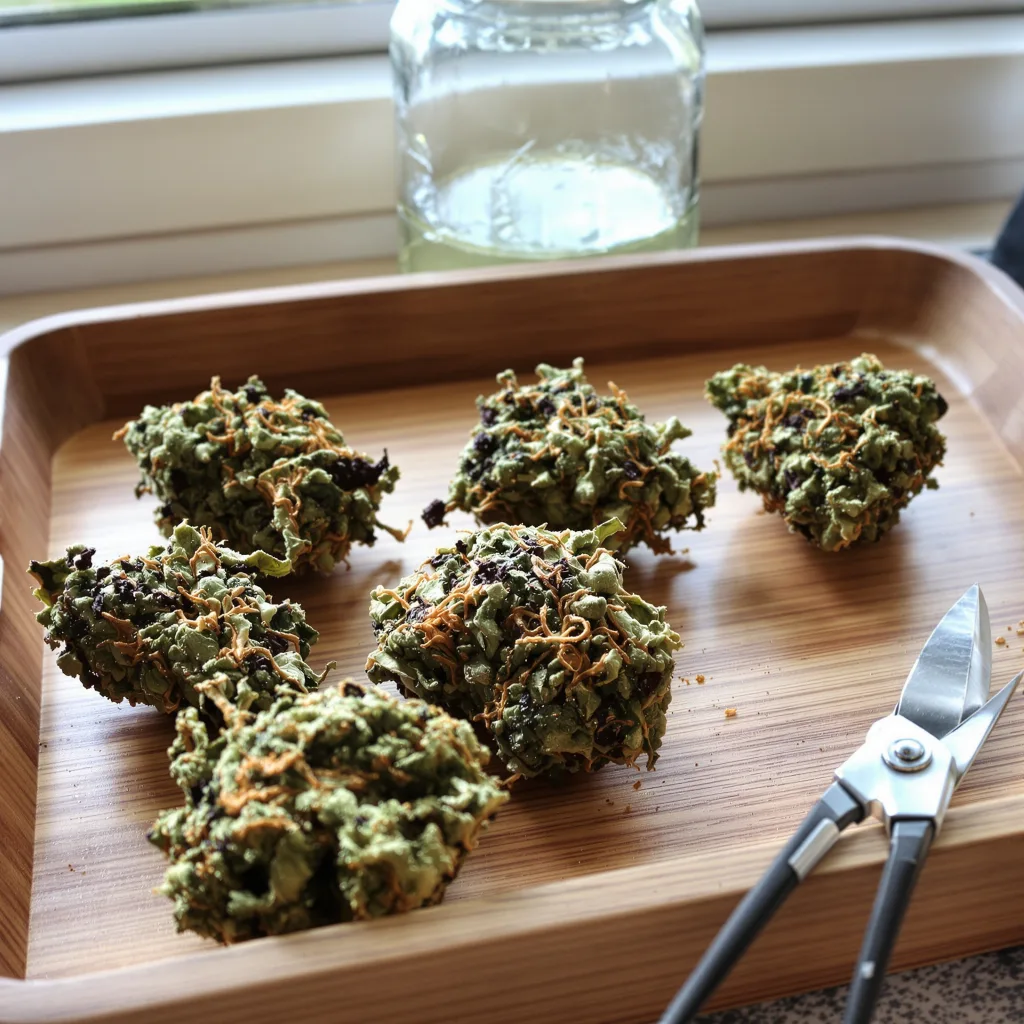 Grape Inferno 79% indica / 21% sativa — flor con tricomas visibles