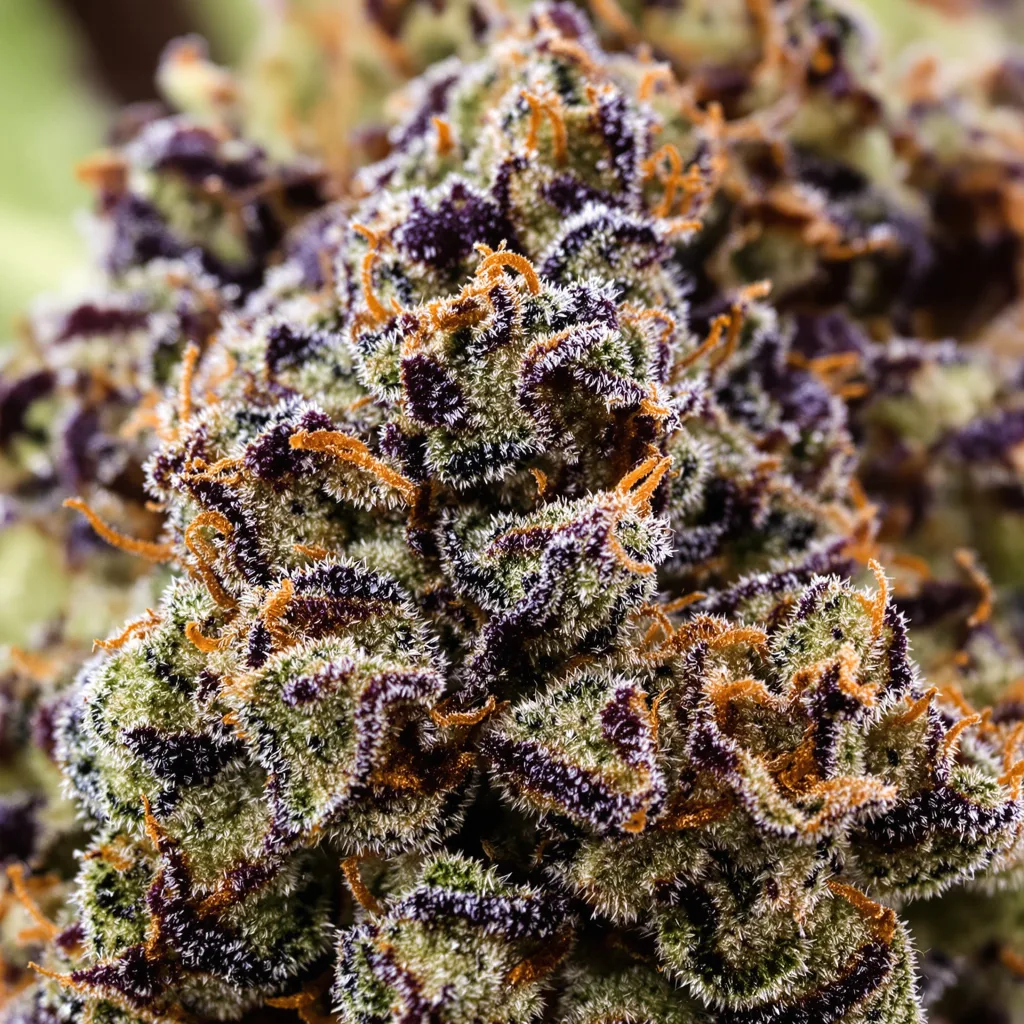 Primer plano de cogollo de cannabis Grape Inferno mostrando cálices densos con tonos morados