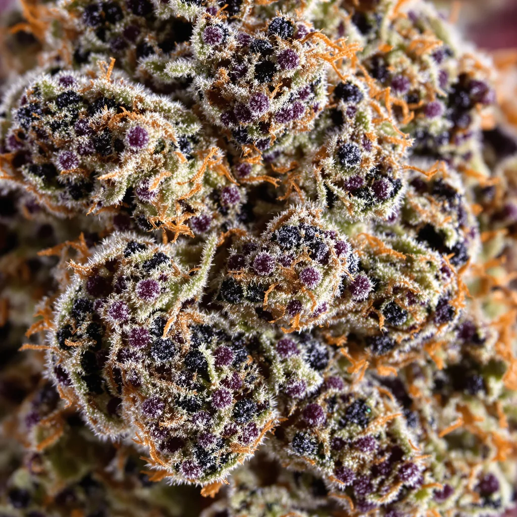 Primer plano de cogollo de cannabis Grape Inferno mostrando cálices densos con tonos morados