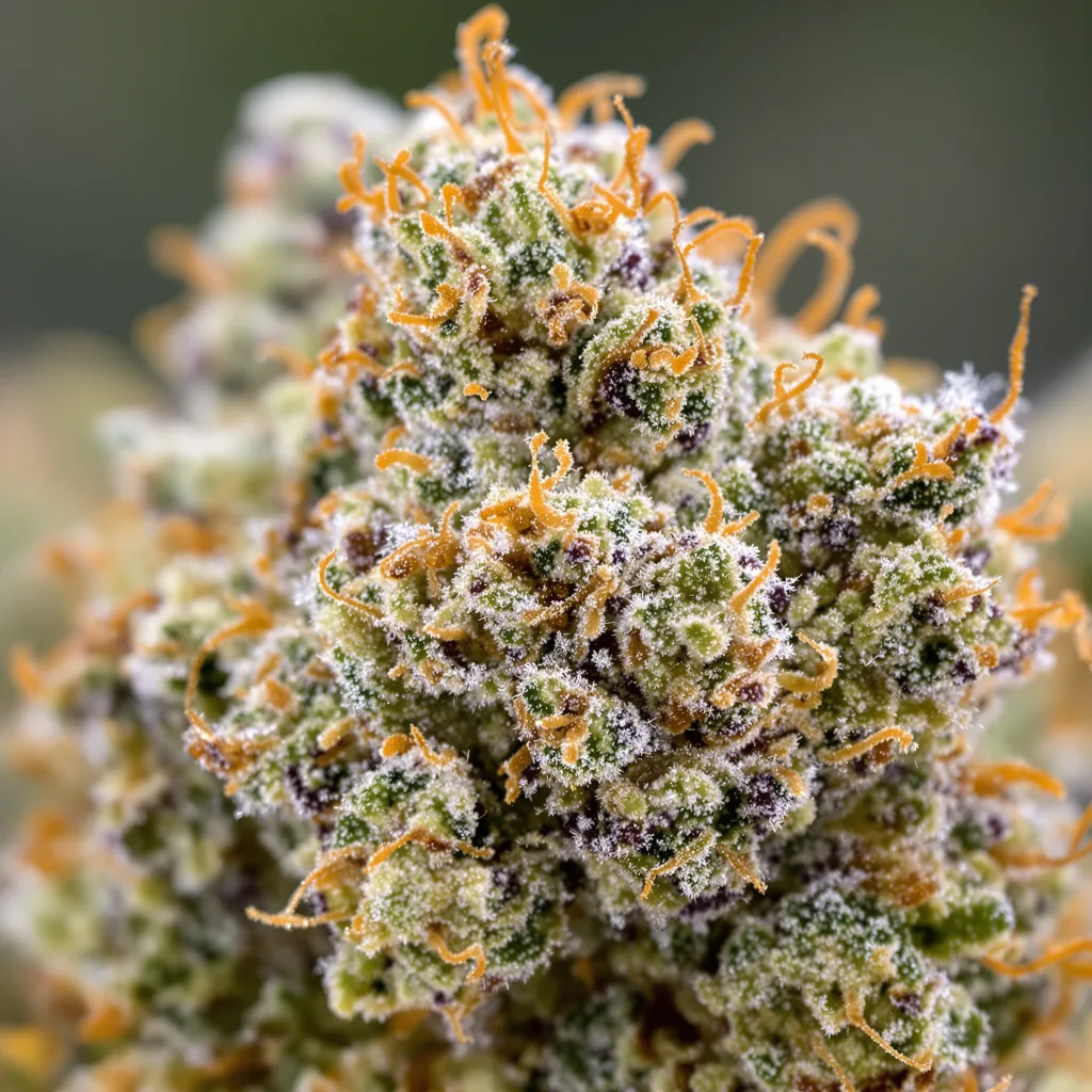 Primer plano de cogollo de cannabis Grape Krush mostrando cogollos densos verde bosque