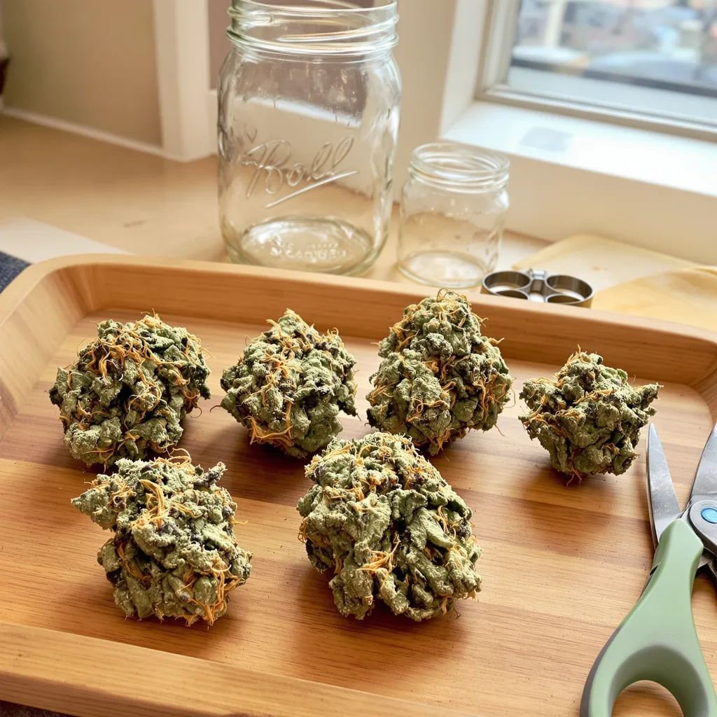 Grape Kush 40% indica / 60% sativa — flor con tricomas visibles