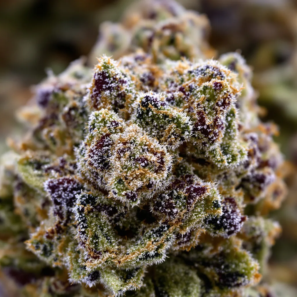 Primer plano de cogollo de cannabis Grape Kush mostrando estructura abierta con pistilos naranjas