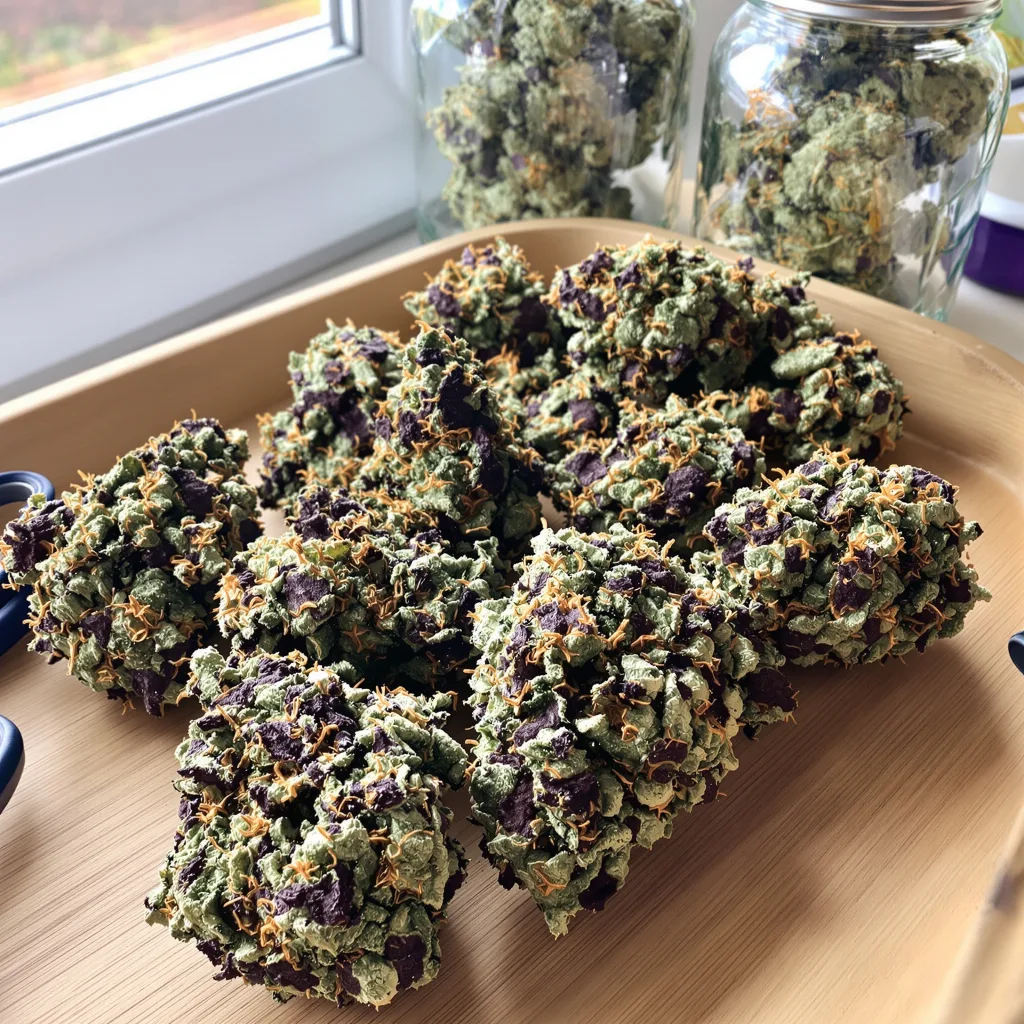 Grape OX 71% indica / 29% sativa — flor con tricomas visibles