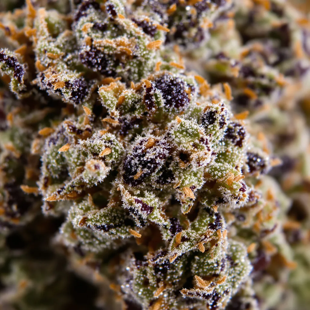 Primer plano de cogollo de cannabis Grape OX mostrando cálices densos con tonos morados