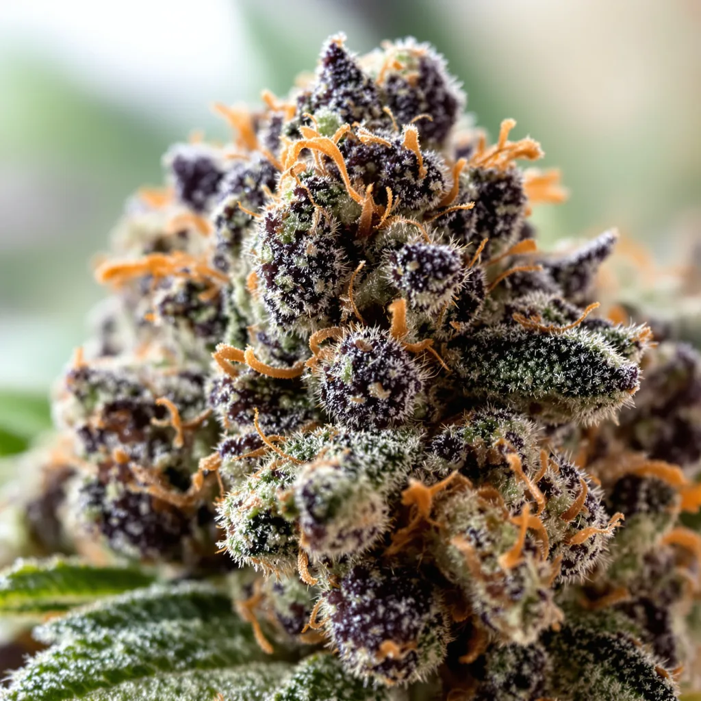 Primer plano de cogollo de cannabis Grape Skunk mostrando cálices densos con tonos morados