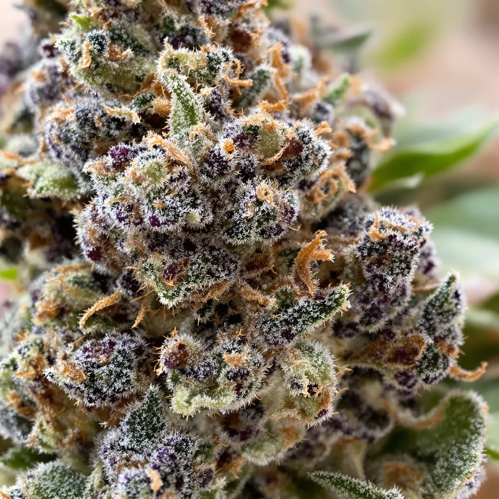 Primer plano de cogollo de cannabis Grape Skunk mostrando cálices densos con tonos morados