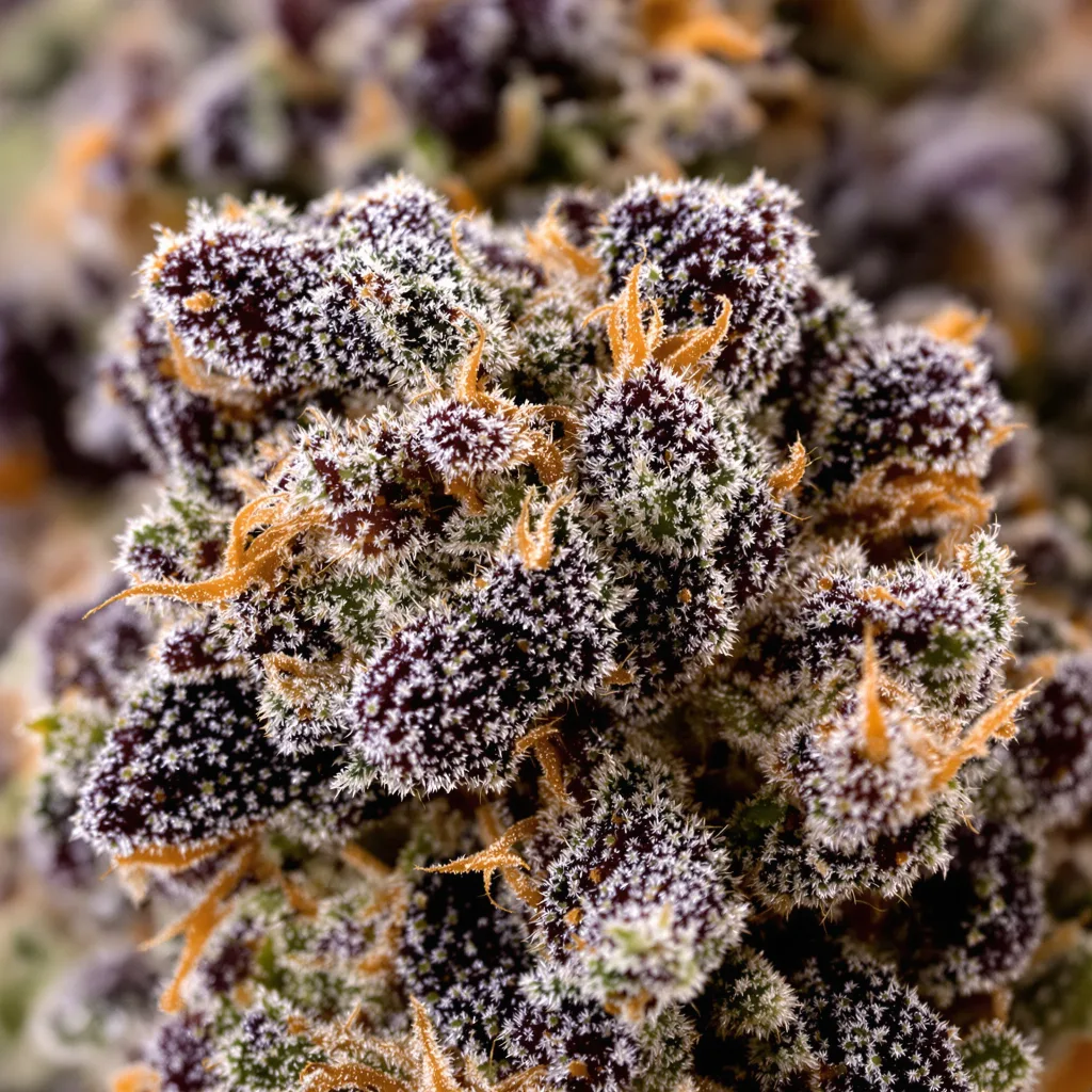 Primer plano de cogollo de cannabis Grape Soda mostrando cálices densos con tonos morados