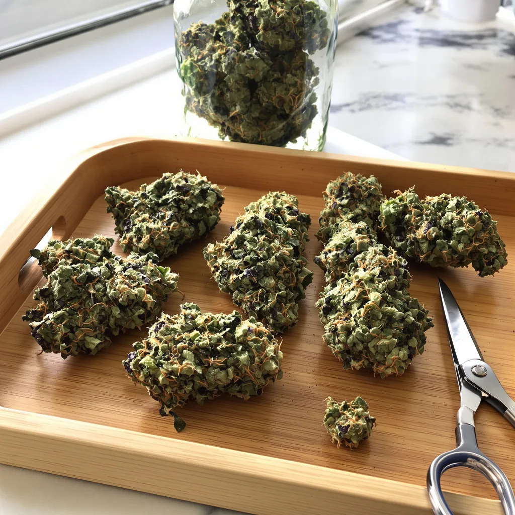 Grape Stomper 75% indica / 25% sativa — flor con tricomas visibles