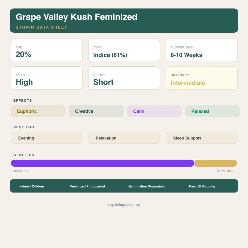 Grape Valley Kush 81% indica / 19% sativa — flor con tricomas visibles