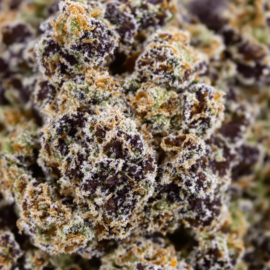 Primer plano de cogollo de cannabis Grapefruit Kush mostrando cálices densos con tonos morados