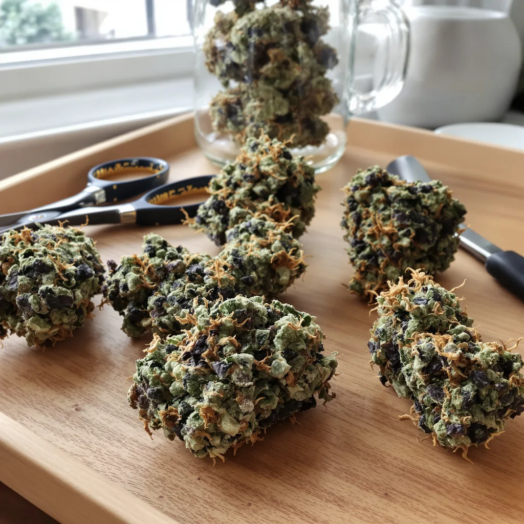 Gravity 75% indica / 25% sativa — flor con tricomas visibles