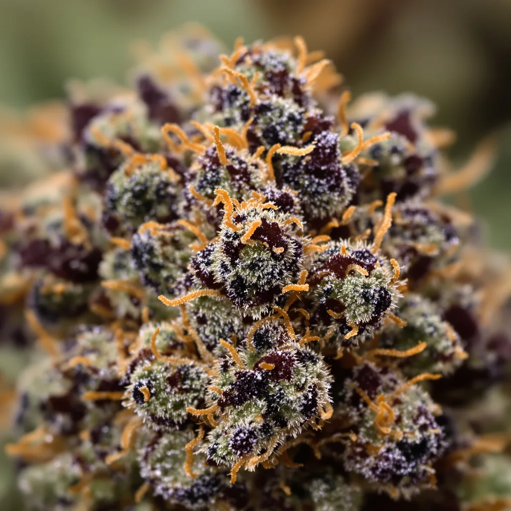 Primer plano de cogollo de cannabis Gravity mostrando cálices densos con tonos morados