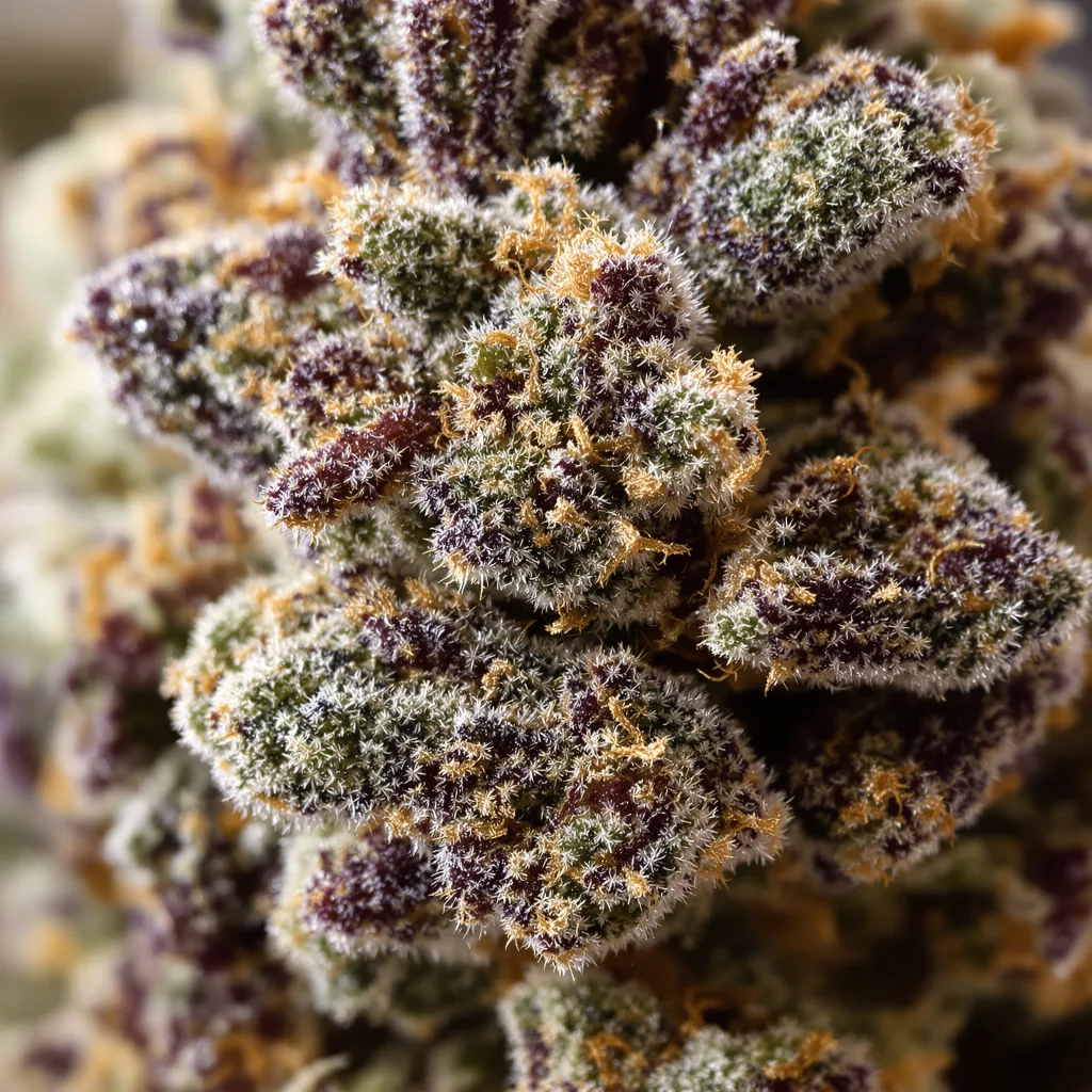 Primer plano de cogollo de cannabis Gravity mostrando cálices densos con tonos morados
