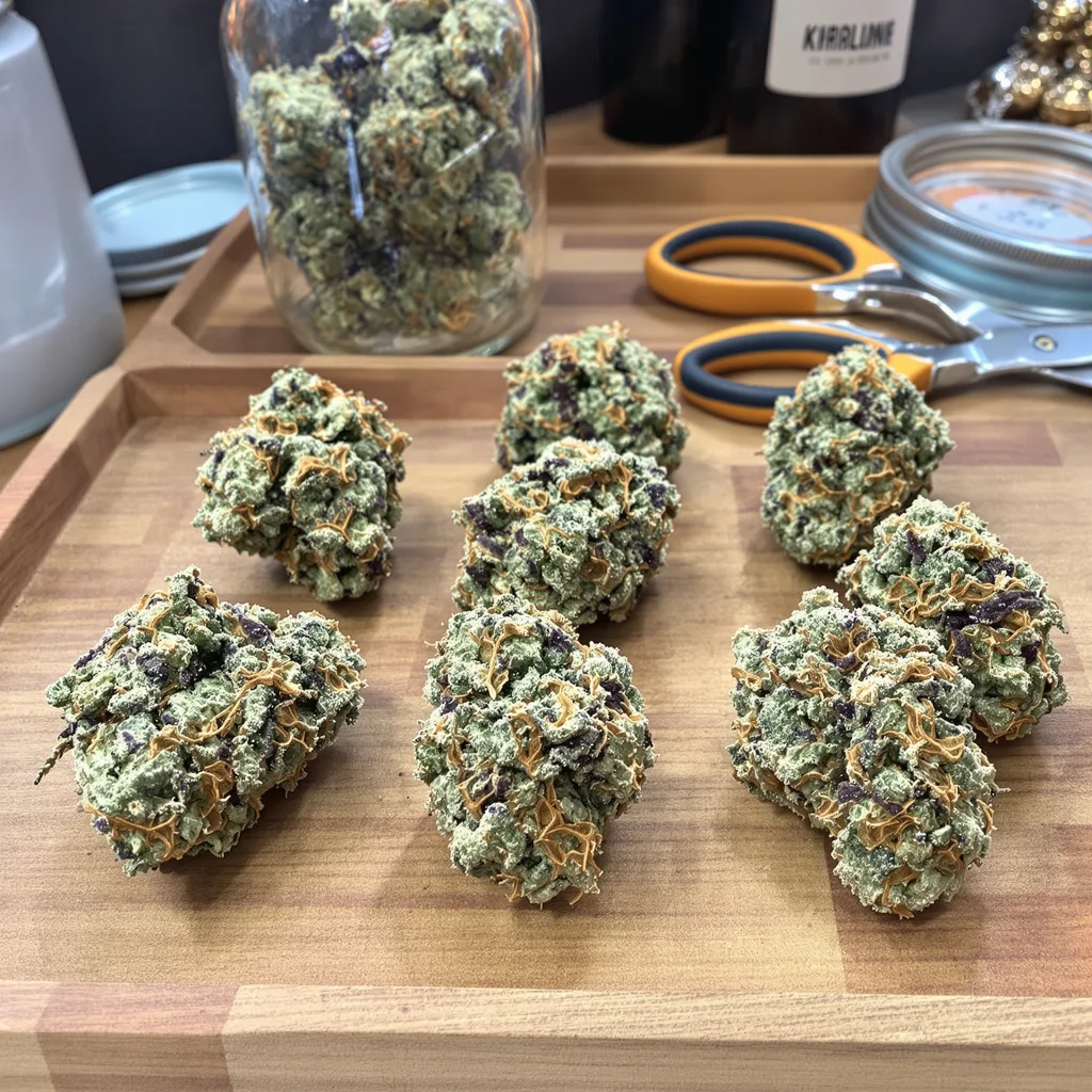 Grease Monkey 48% indica / 52% sativa — flor con tricomas visibles