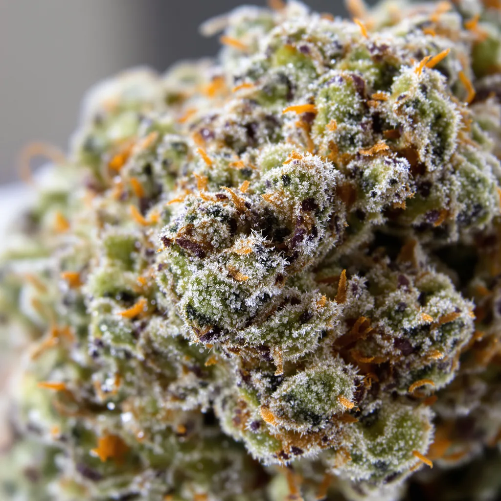 Primer plano de cogollo de cannabis Grease Monkey mostrando estructura equilibrada con tricomas escarchados