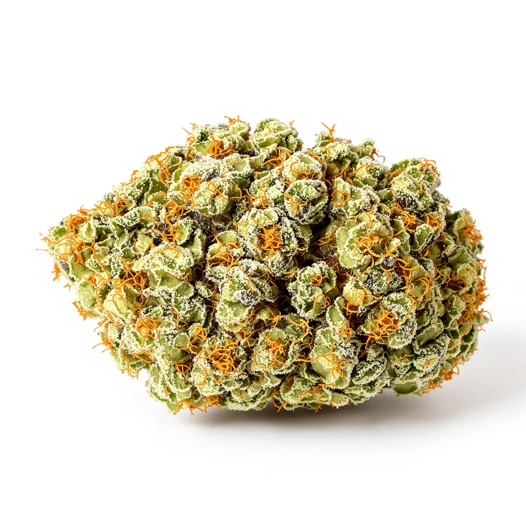 Grease Monkey 48% indica / 52% sativa — flor con tricomas visibles