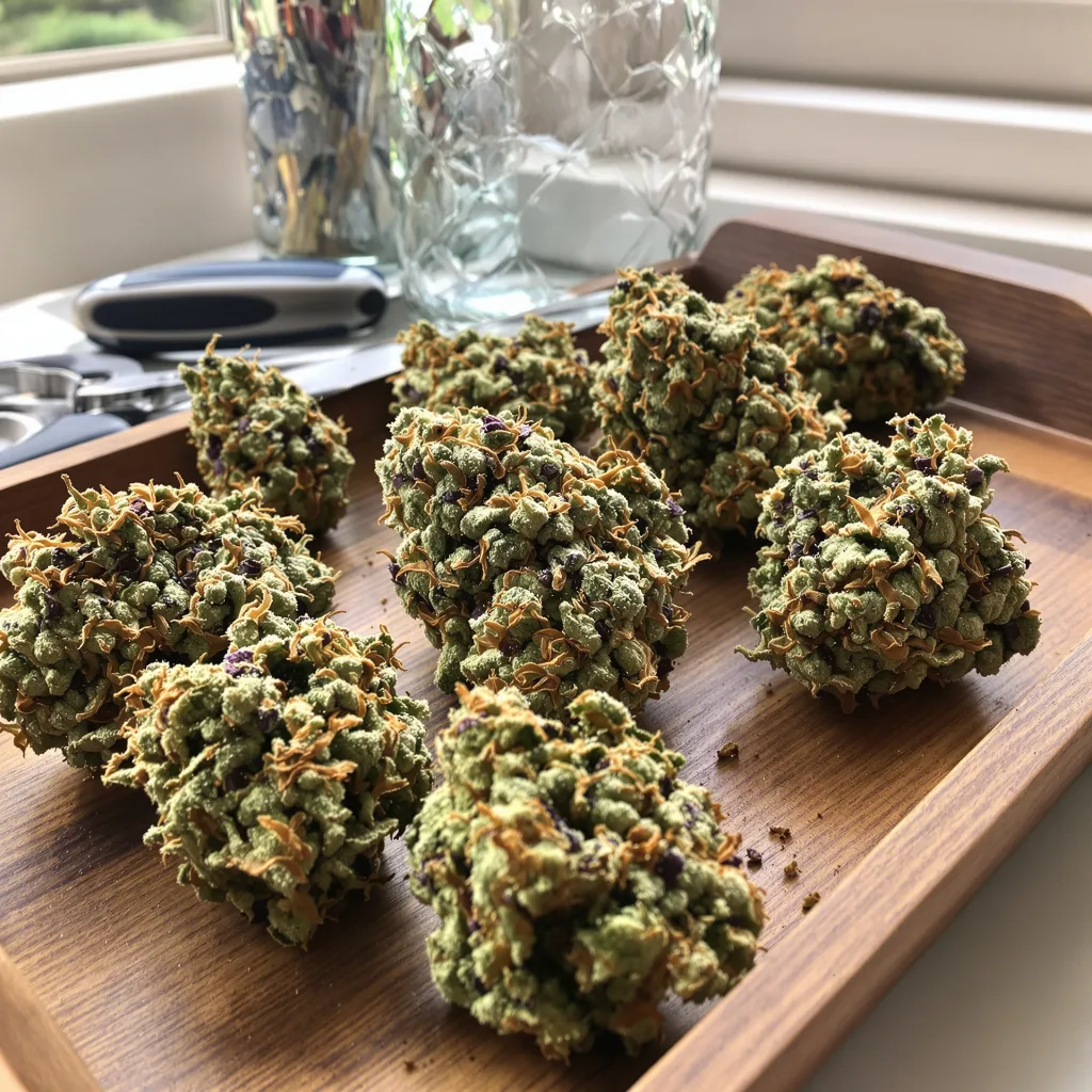 Grease Monkey 48% indica / 52% sativa — flor con tricomas visibles
