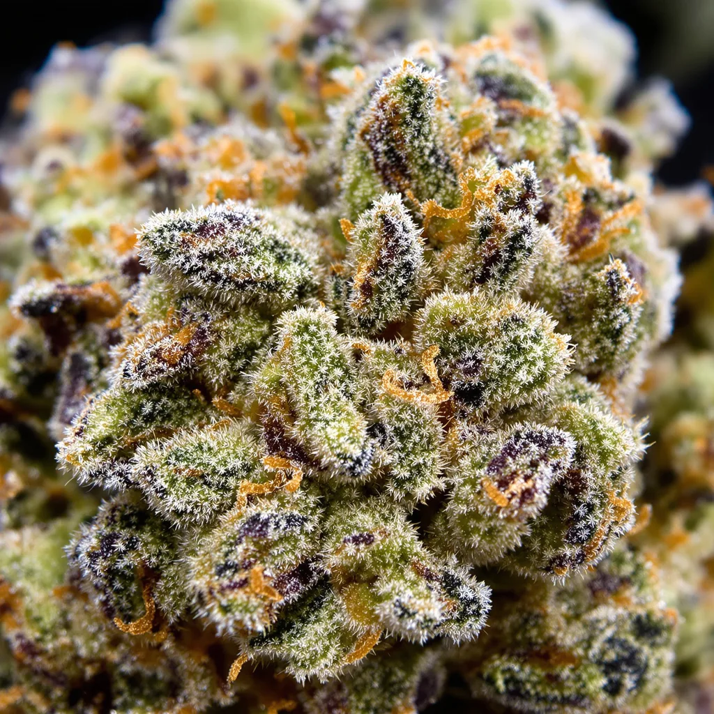 Primer plano de cogollo de cannabis Grease Monkey mostrando estructura equilibrada con tricomas escarchados
