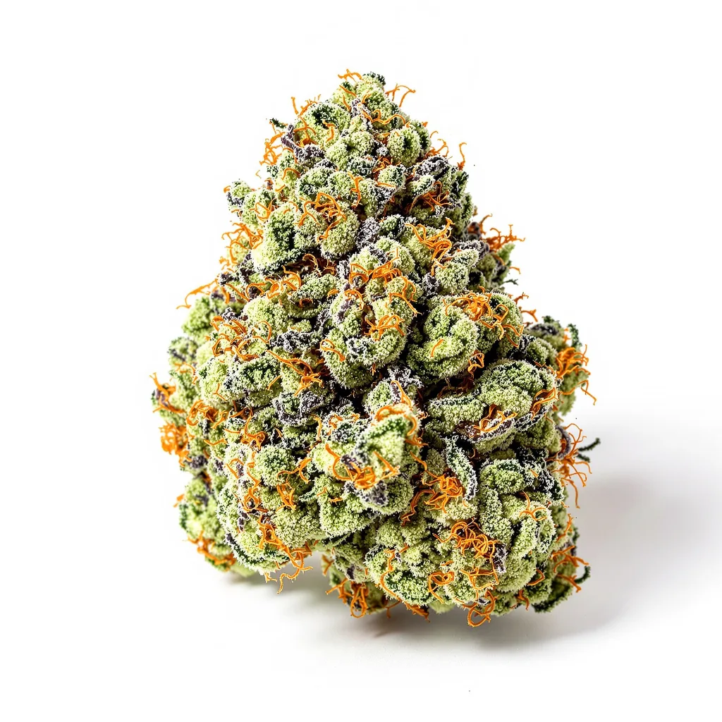 Grease Monkey 48% indica / 52% sativa — flor con tricomas visibles