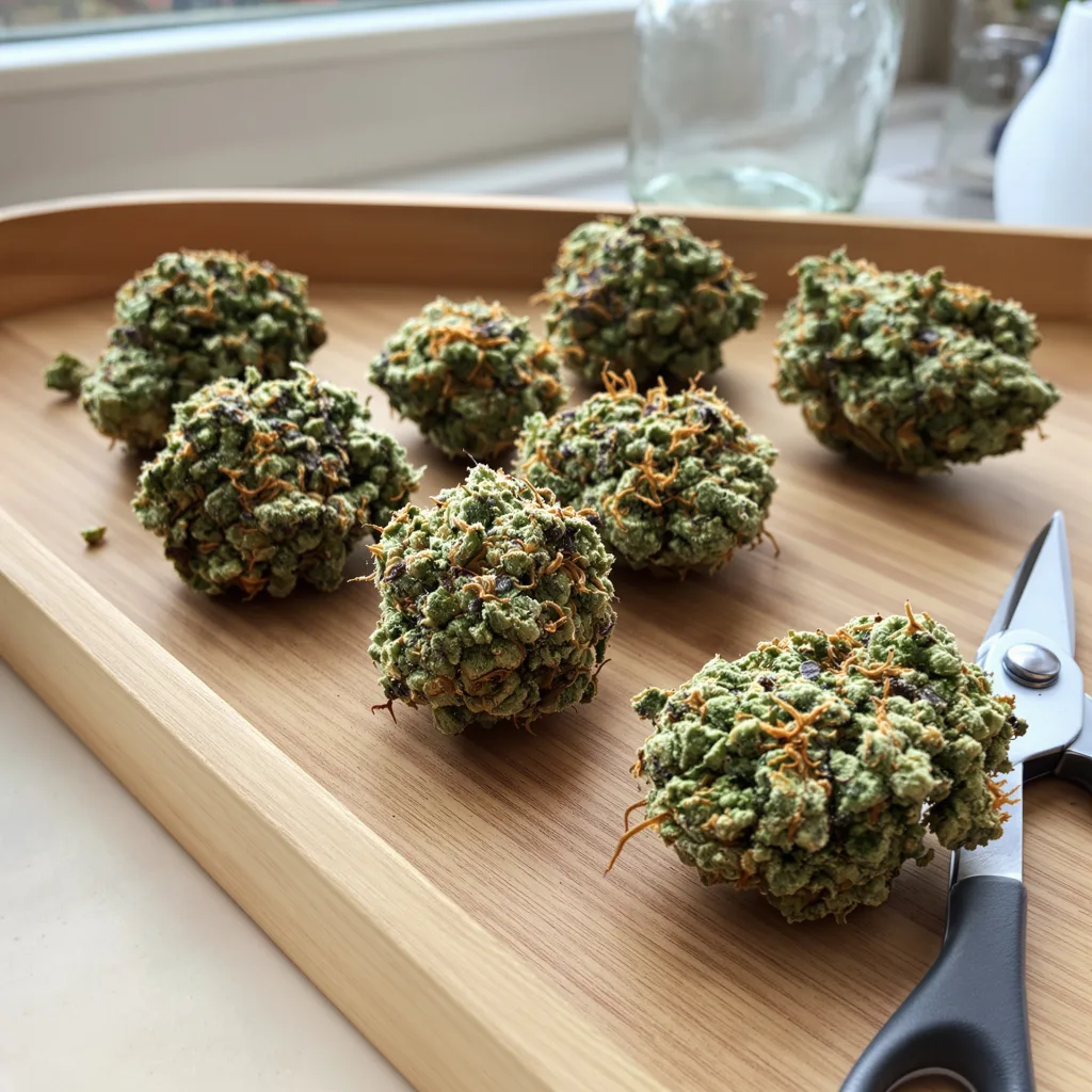 Green Avenger 47% indica / 53% sativa — flor con tricomas visibles