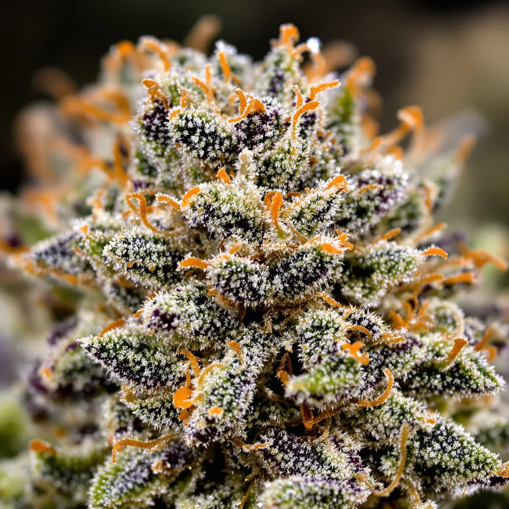 Primer plano de cogollo de cannabis Green Avenger mostrando estructura equilibrada con tricomas escarchados