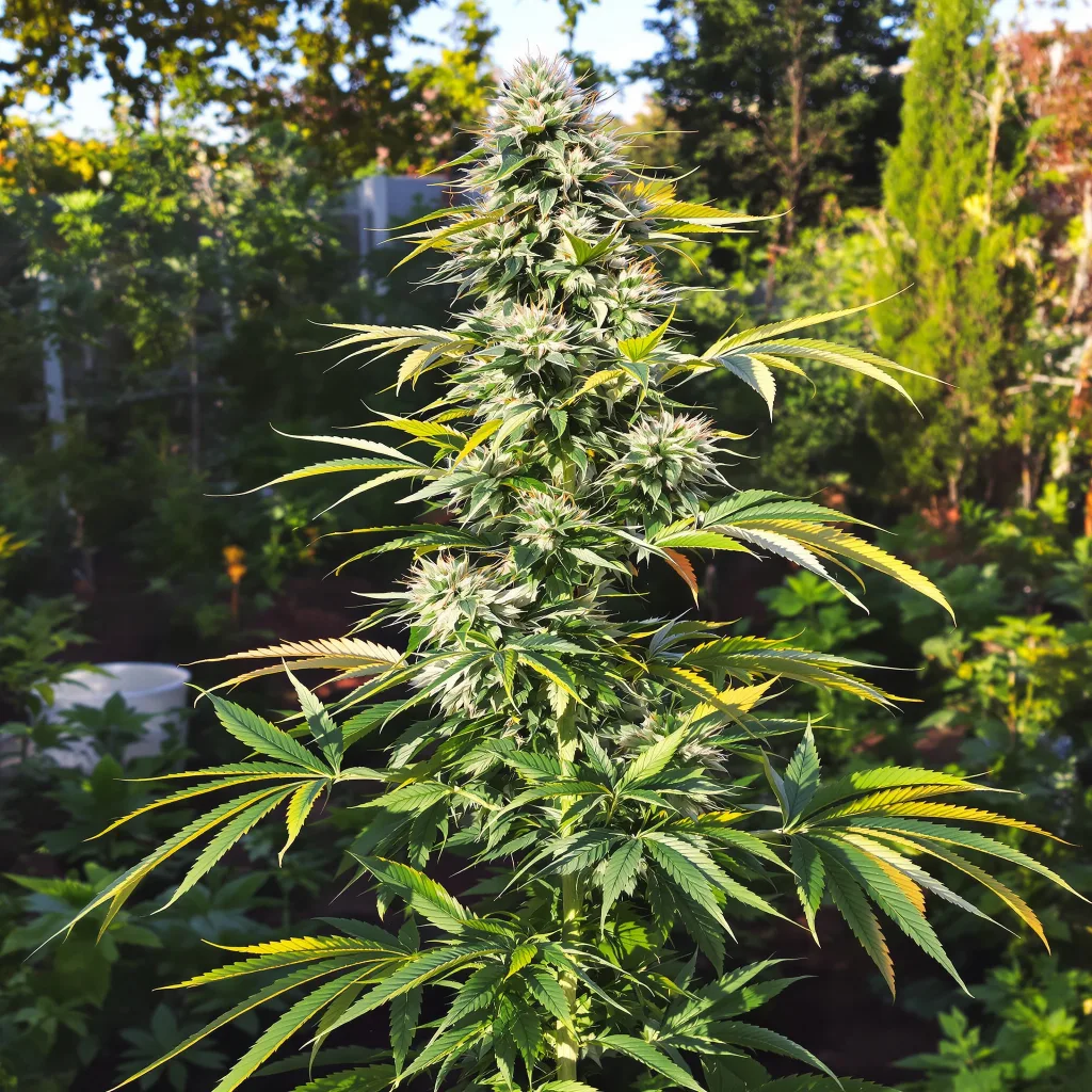 Green Avenger 47% indica / 53% sativa — flor con tricomas visibles