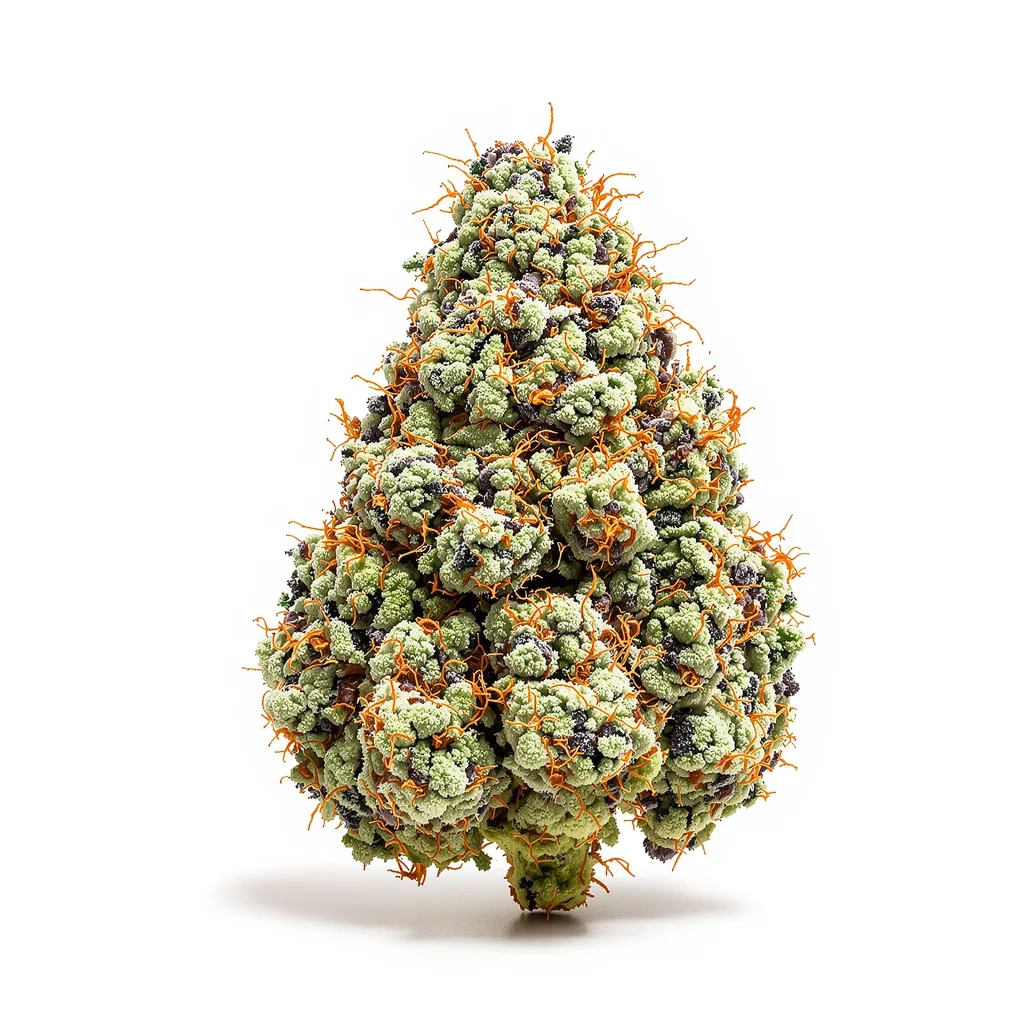 Green Avenger 47% indica / 53% sativa — flor con tricomas visibles