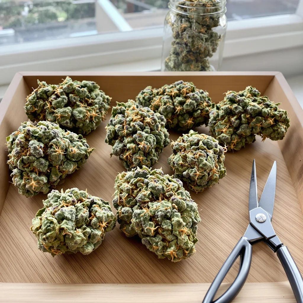 Green Candy 50% indica / 50% sativa — flor con tricomas visibles