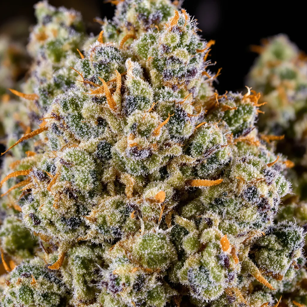 Primer plano de cogollo de cannabis Green Candy mostrando estructura equilibrada con tricomas escarchados