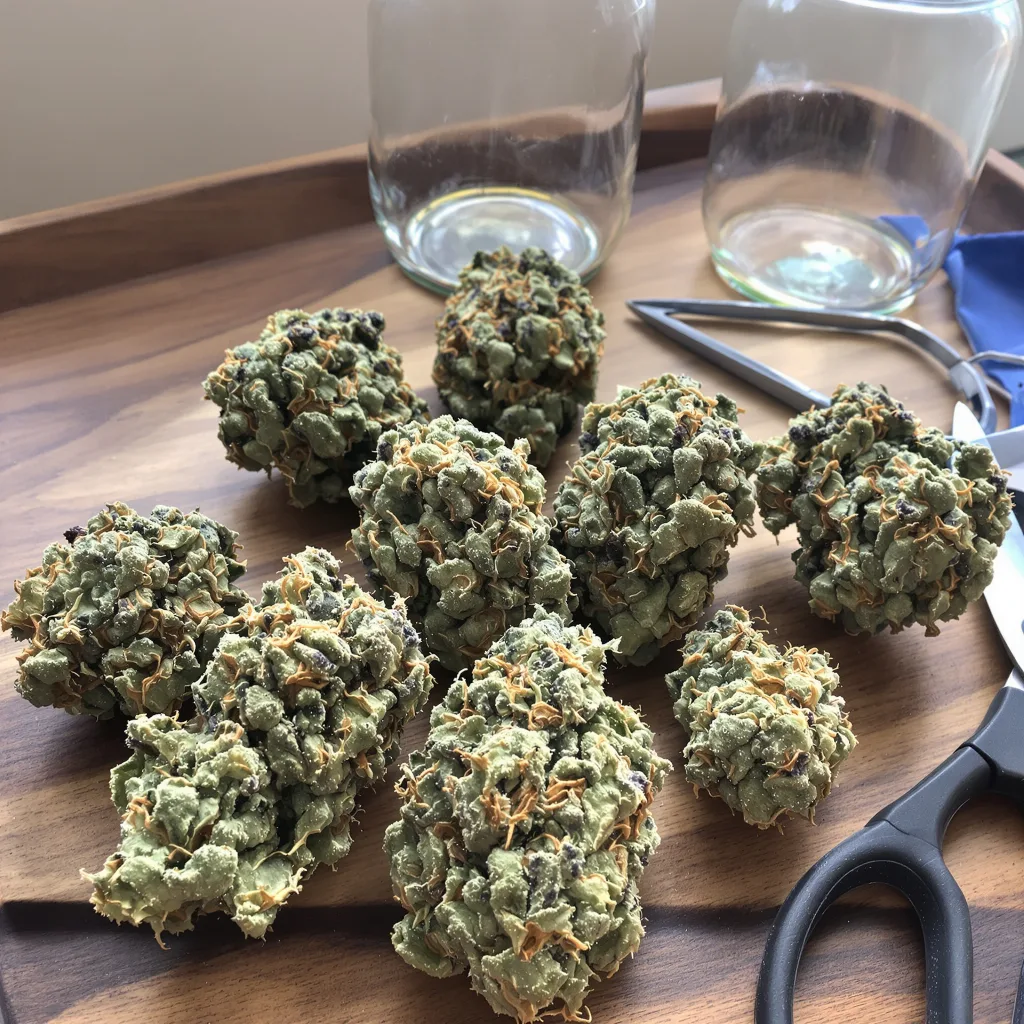 Green Cheese 56% indica / 44% sativa — flor con tricomas visibles