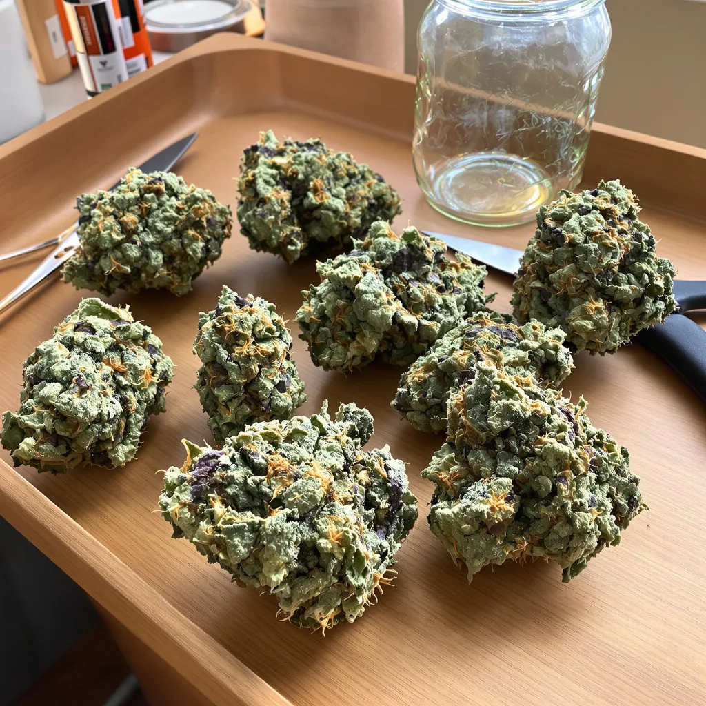 Green Crack 51% indica / 49% sativa — flor con tricomas visibles