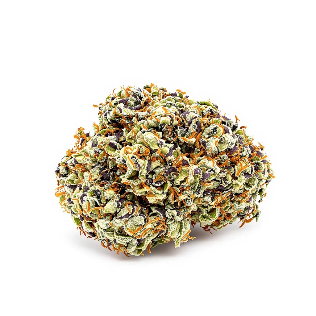Green Crack 51% indica / 49% sativa — flor con tricomas visibles