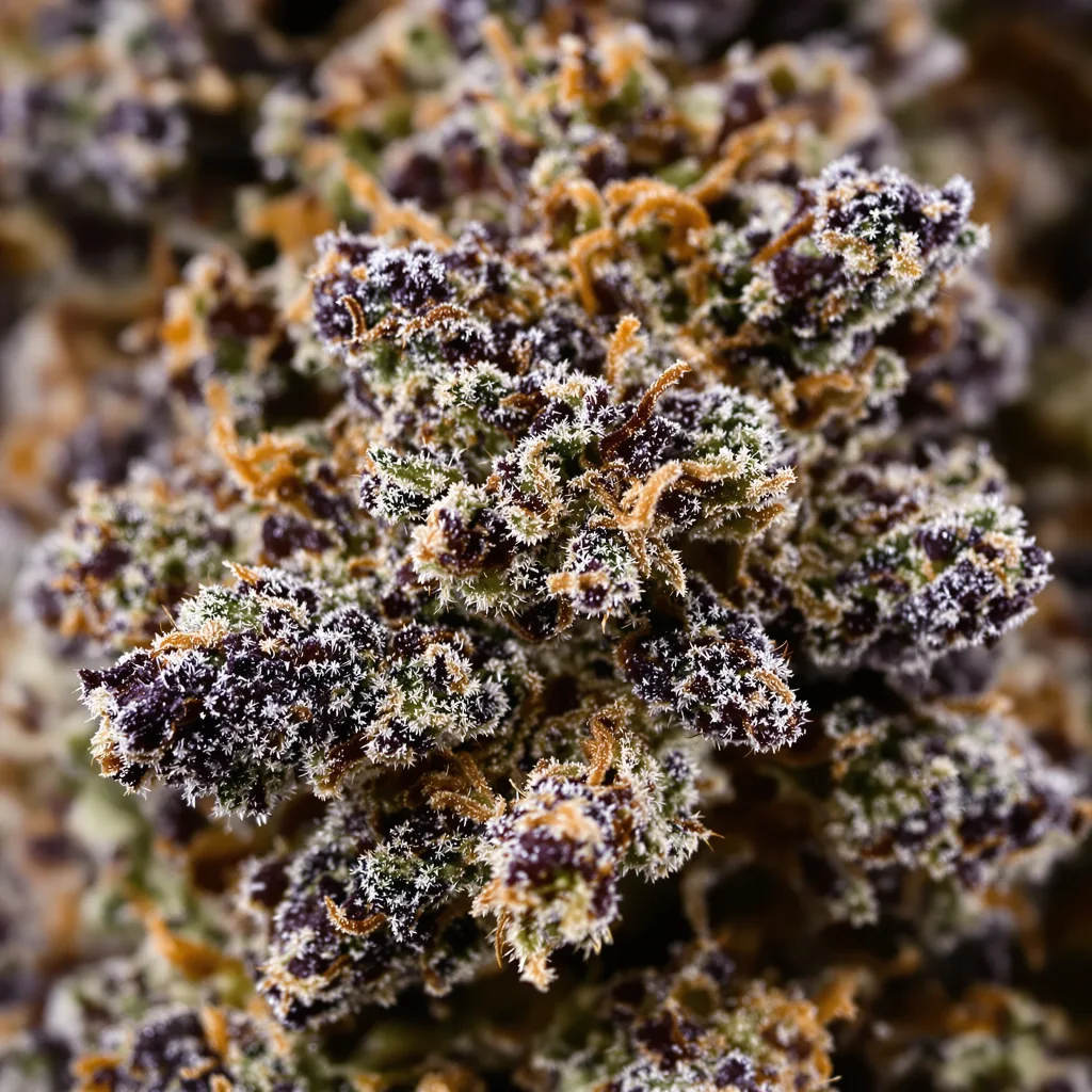 Primer plano de cogollo de cannabis Green Crack Punch mostrando cálices densos con tonos morados
