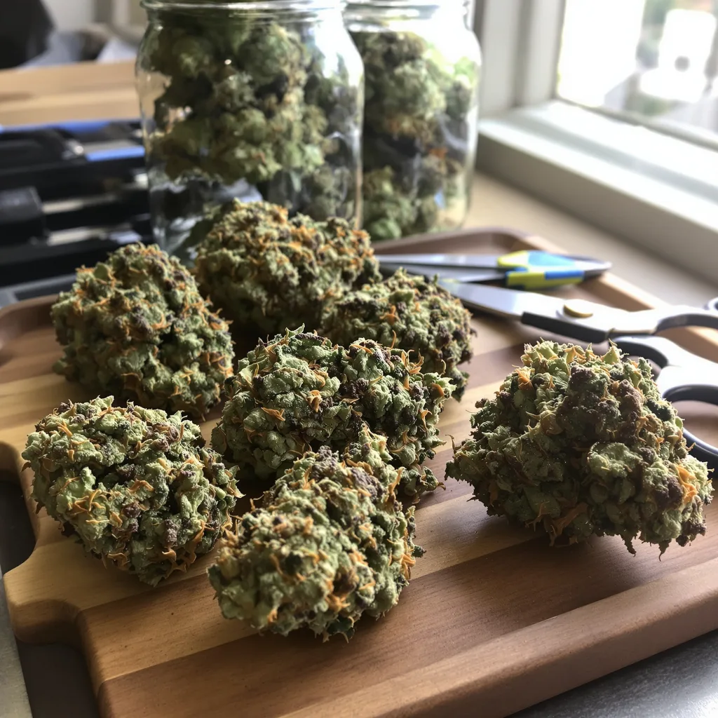 Green Door Kush 36% indica / 64% sativa — flor con tricomas visibles