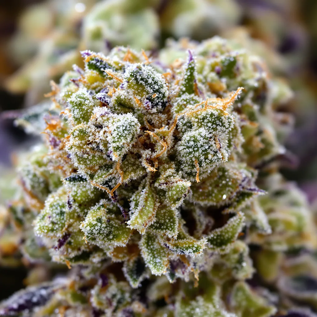 Primer plano de cogollo de cannabis Green Door Kush mostrando estructura abierta con pistilos naranjas