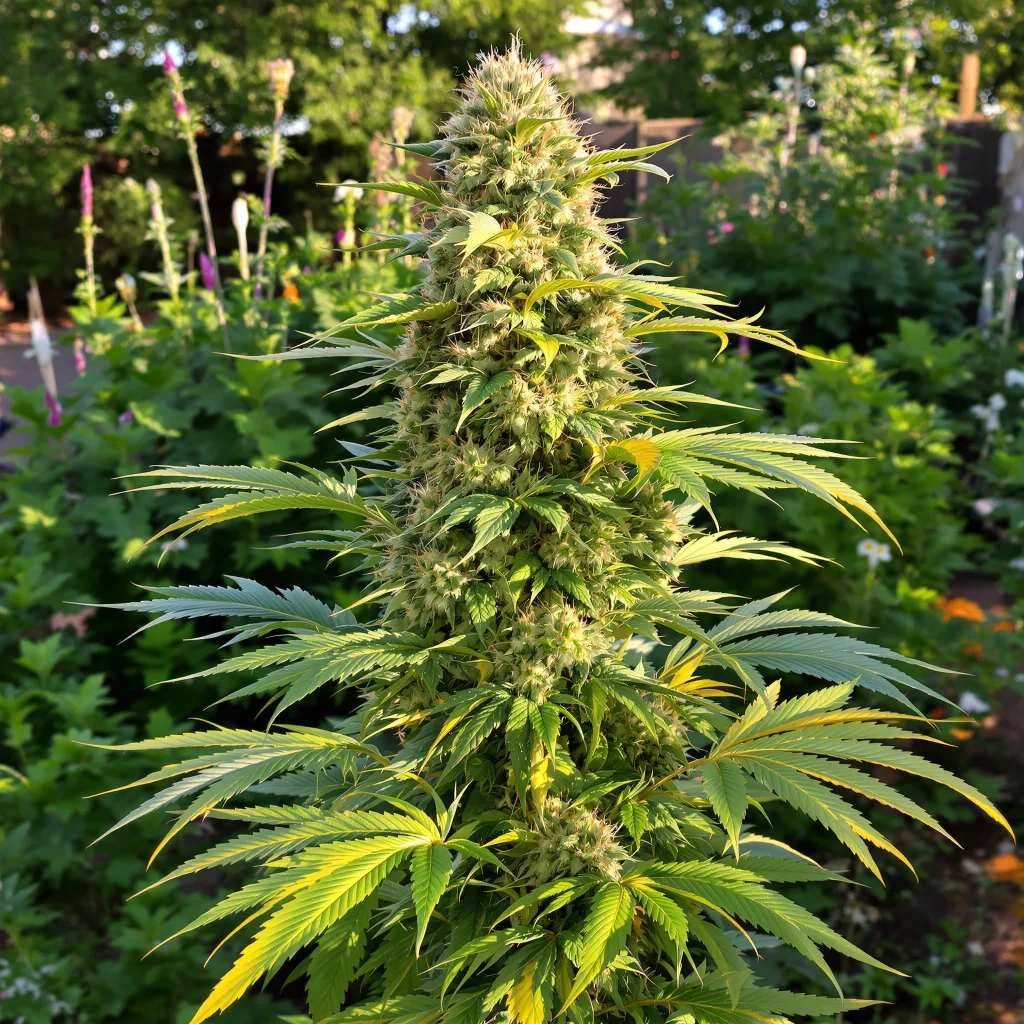 Green Door Kush 36% indica / 64% sativa — flor con tricomas visibles