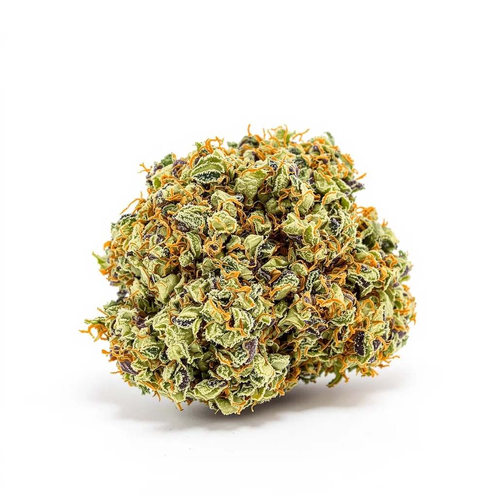Green Door Kush 36% indica / 64% sativa — flor con tricomas visibles