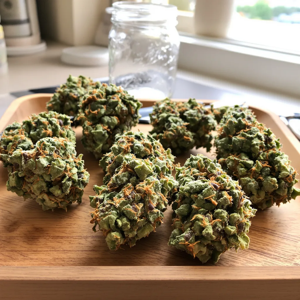 Green Goblin 48% indica / 52% sativa — flor con tricomas visibles
