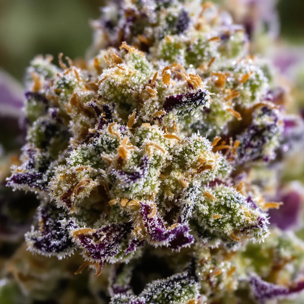 Primer plano de cogollo de cannabis Green Goblin mostrando estructura equilibrada con tricomas escarchados